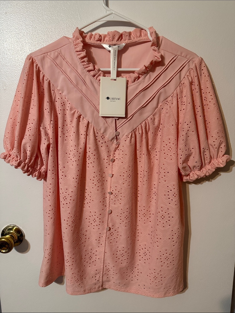 Ruffled Eyelet Button-Front Blouse in Soft Pink